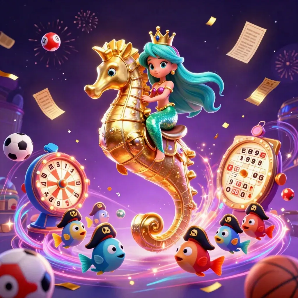 Mermaid princess on seahorse amid pirate fish, casino props, neon magic, and fireworks.