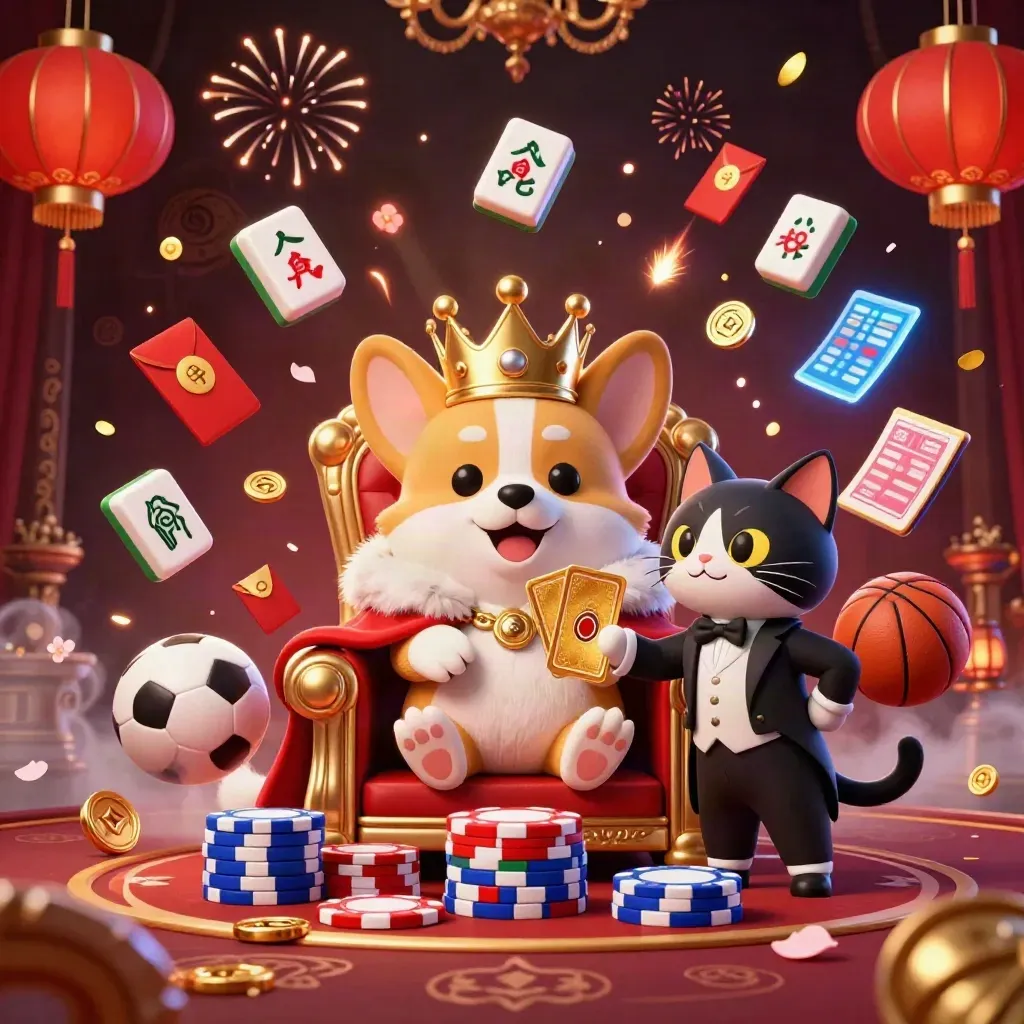 Crowned corgi and cat butler amid exploding casino props in a dark luxury scene.