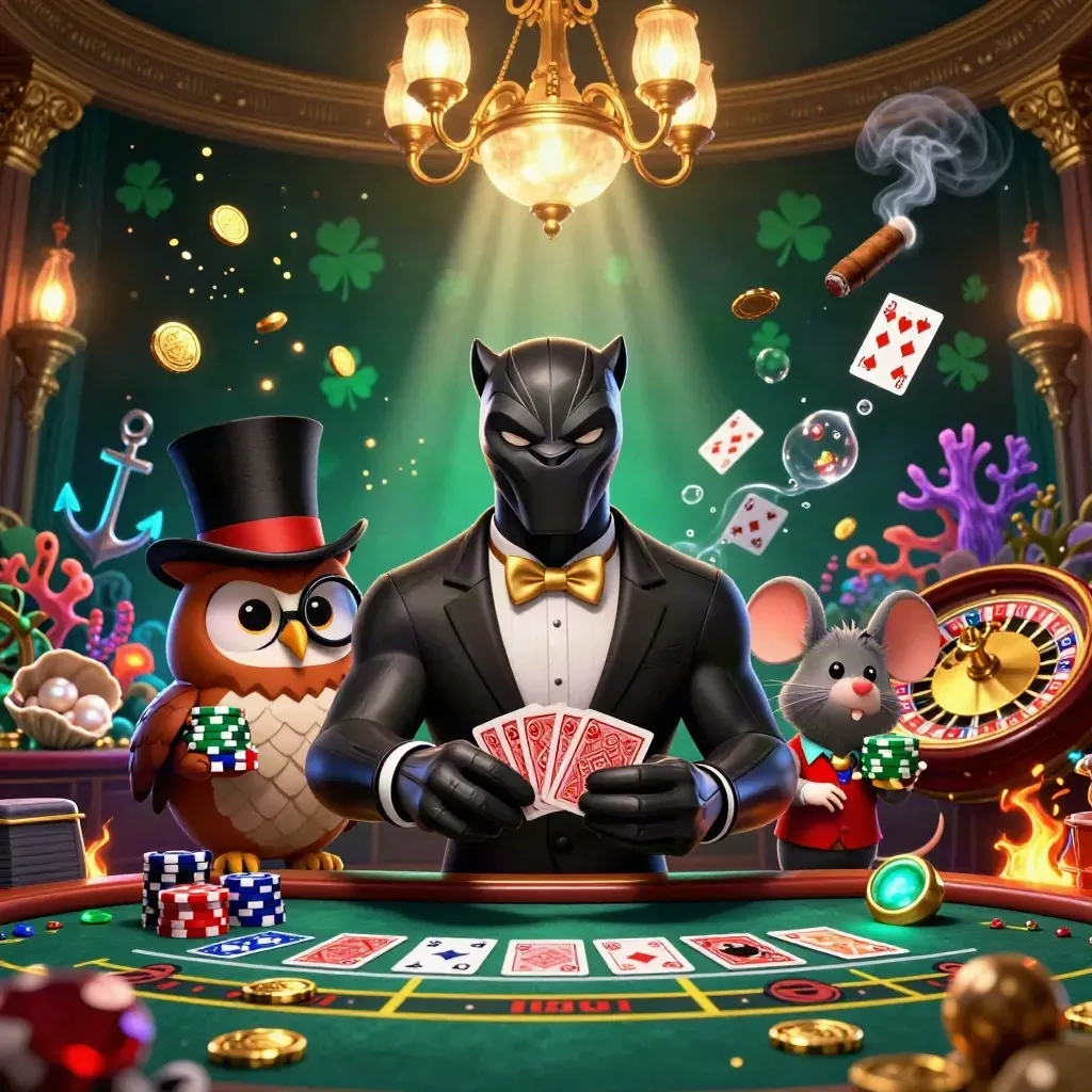 Black panther, owl, and mouse in a luxe casino cove with glowing treasure and dramatic lights.