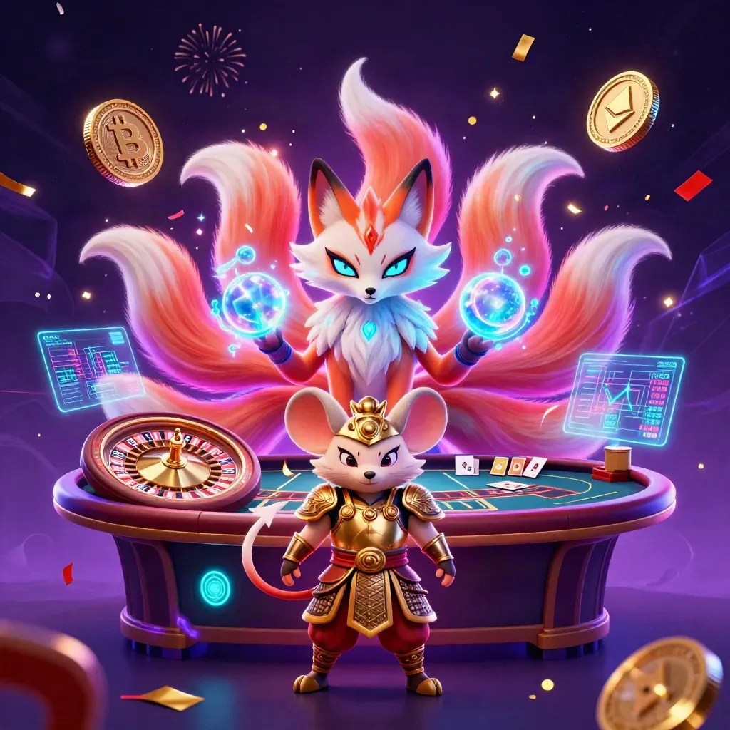Neon fox spirit and golden samurai mouse amid casino glow, coins, roulette, and magical effects.