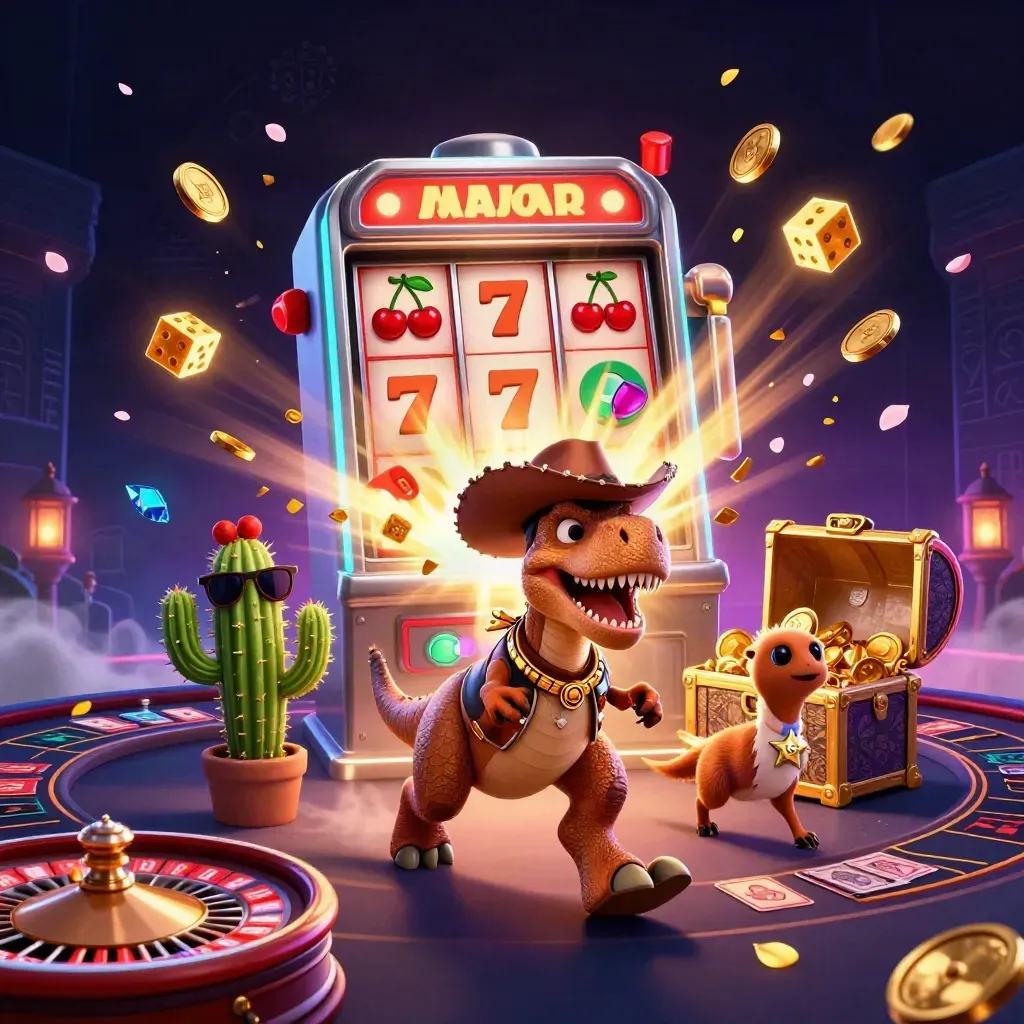 Cowboy T-Rex, cactus, and roadrunner amid a neon casino burst of gold and glowing symbols.