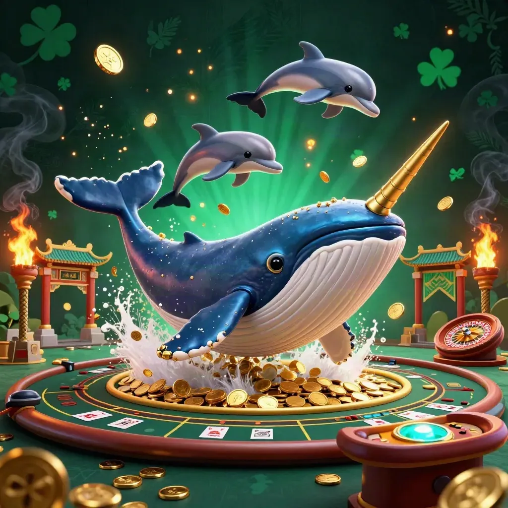 Whale captain, narwhal, and dolphins amid casino lights, coins, temple gate, and ember glow.