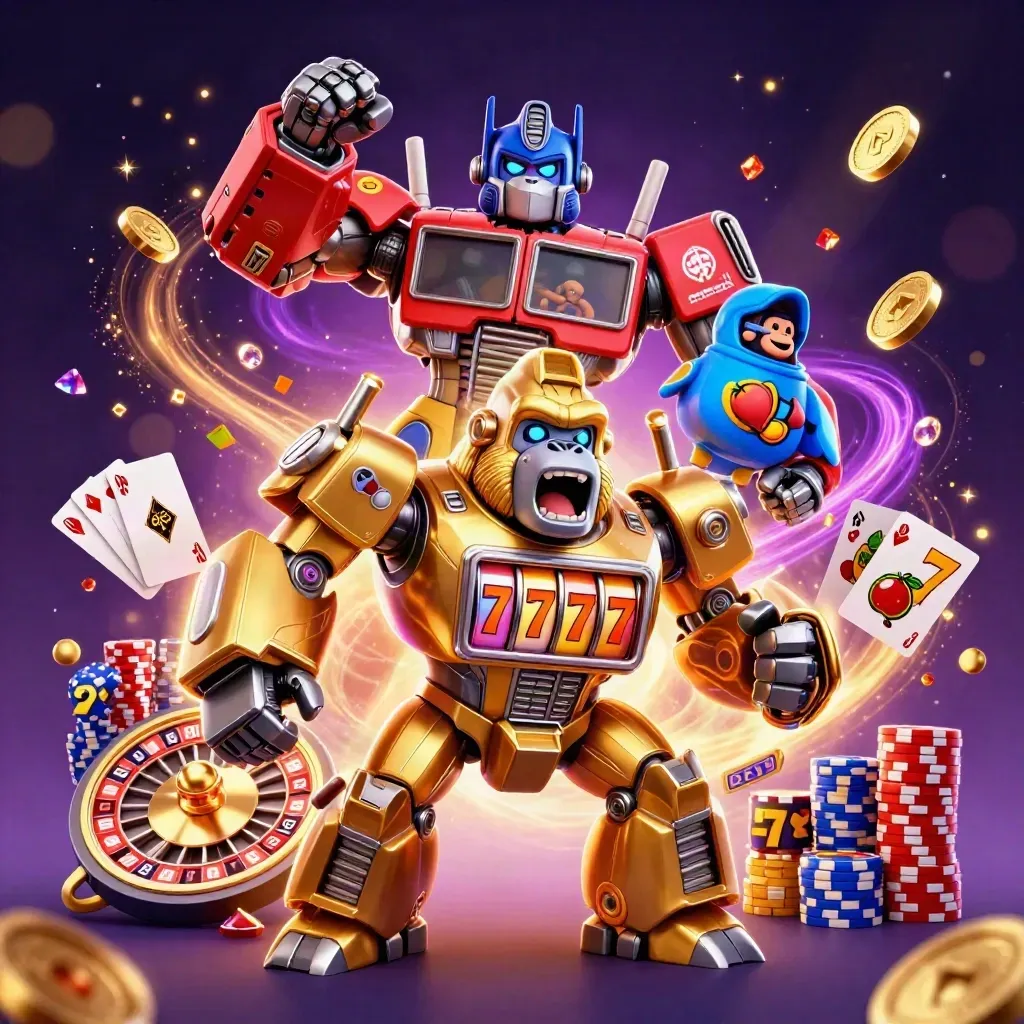 Golden gorilla mech with monkey pilot, coins and gems bursting in a neon casino scene.