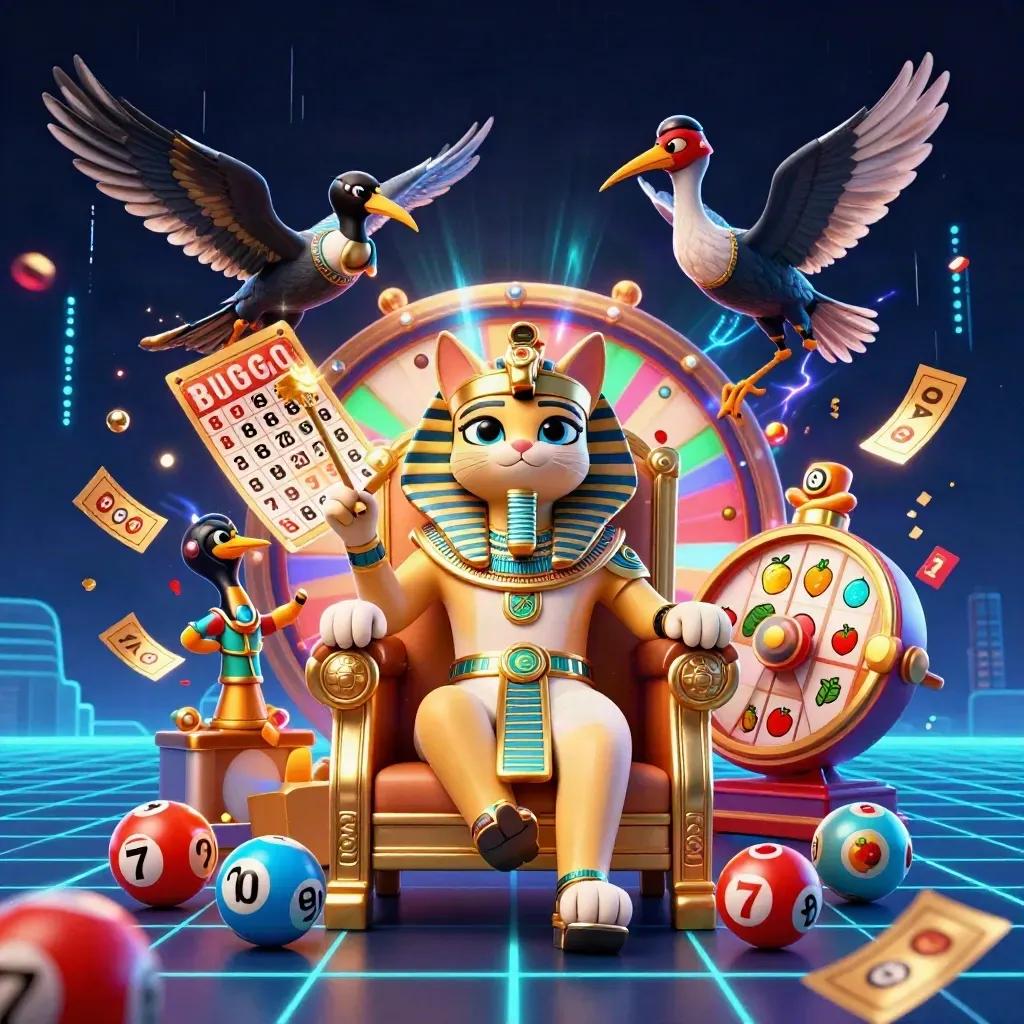 Pharaoh cat, ibis scribe and gem-winged scarabs burst amid casino loot and cyan energy
