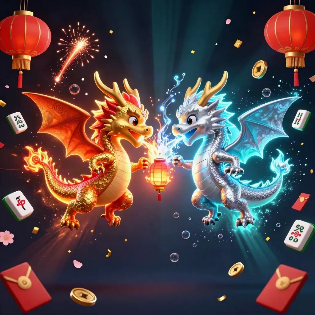 Twin gold and silver dragons yin-yang flight amid lanterns, coins, petals, and cyan glow.
