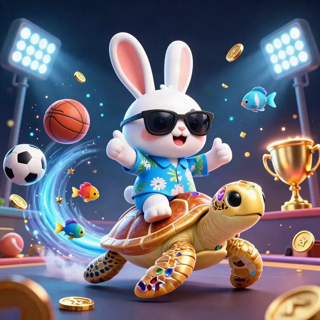 Lucky rabbit rides a gem turtle amid trophies, balls, coins, and cyan casino glow.