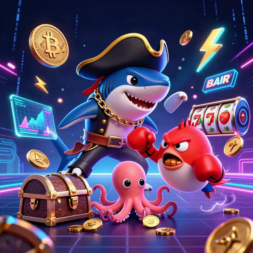Shark pirate, boxing pufferfish, and juggling octopus amid neon crypto casino chaos.