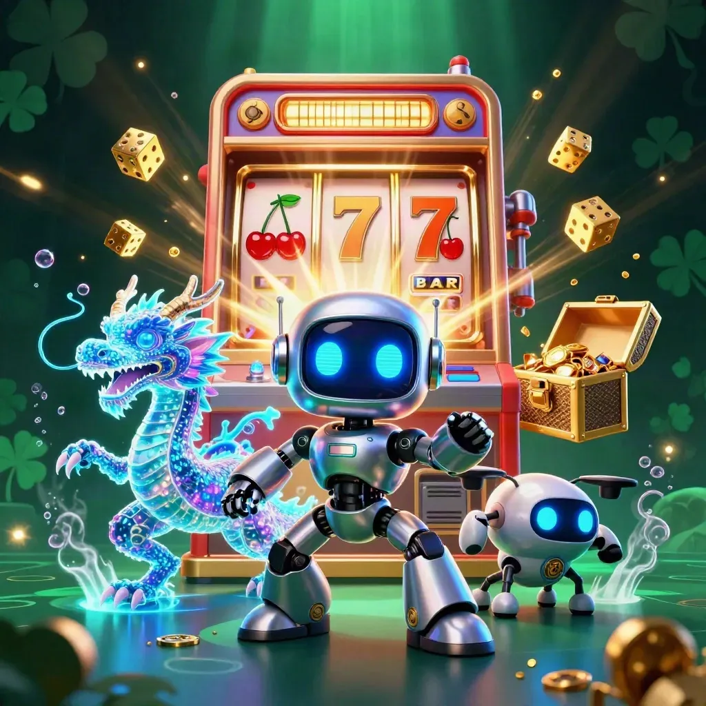 Cyberpunk robot, holographic dragon, and coin drone explode from a glowing slot machine