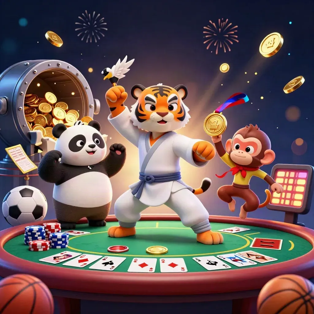 Tiger, panda, and monkey cheer around casino props and bursting treasure in a neon esports splash.