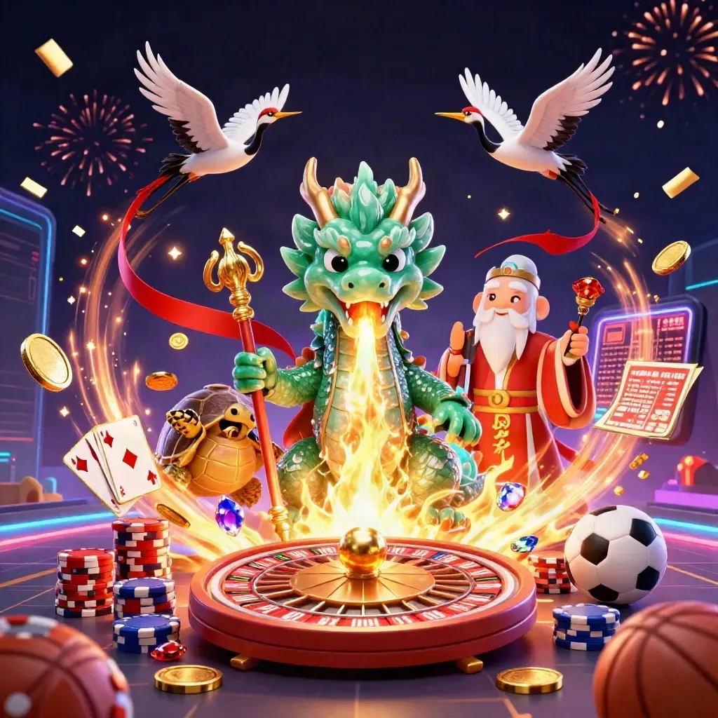 Jade dragon, turtle sage, and cranes in a casino treasure burst with coins, cards, and fireworks.