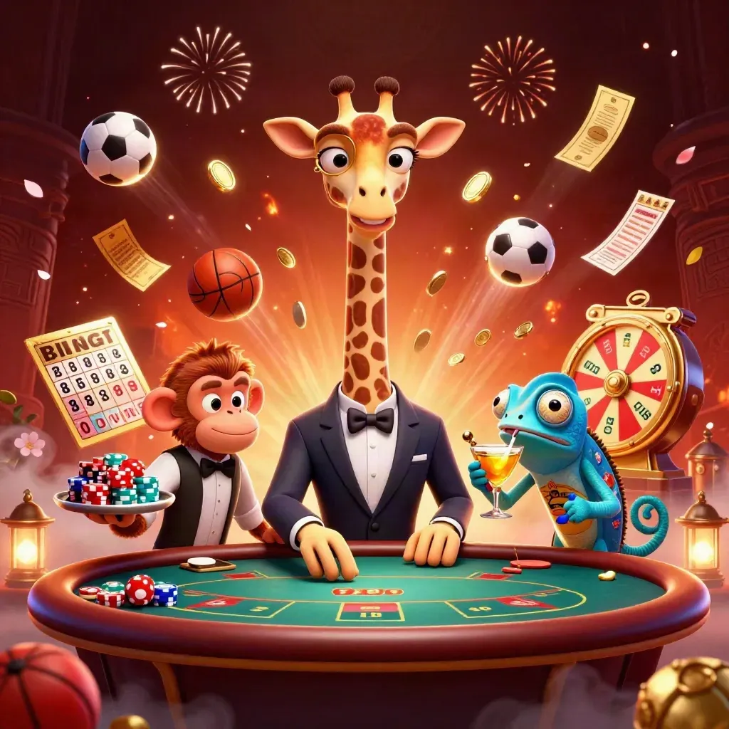Cartoon giraffe, monkey valet, and chameleon bartender amid casino treasure, balls, wheel, fireworks