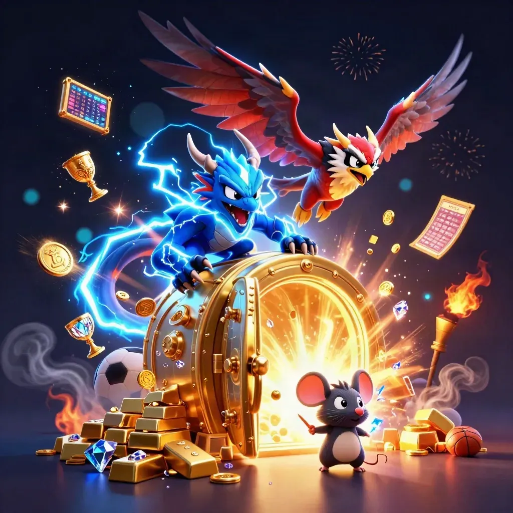 Thunder dragon, hawk, and mouse bursting from a treasure vault with gold, gems, and neon effects.