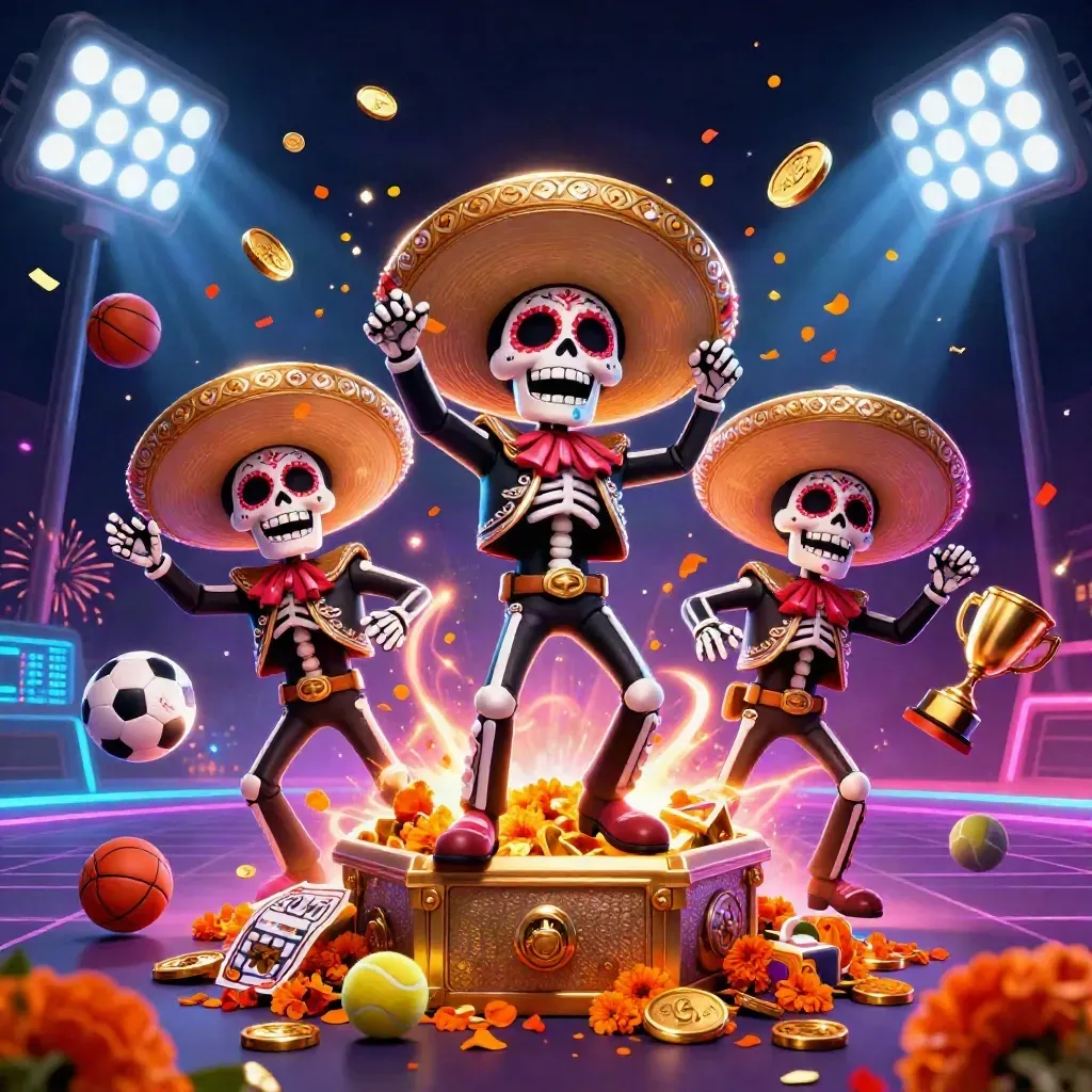 Three mariachi skeletons celebrate amid gold coins, sports balls, fireworks and neon beams.
