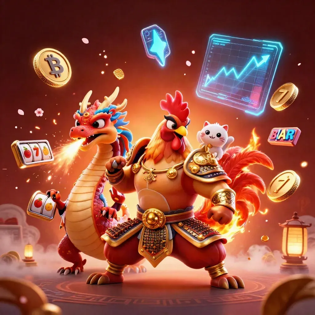 Rooster warrior, dragon hatchling, and fortune cat amid neon coins, lightning, and casino effects.