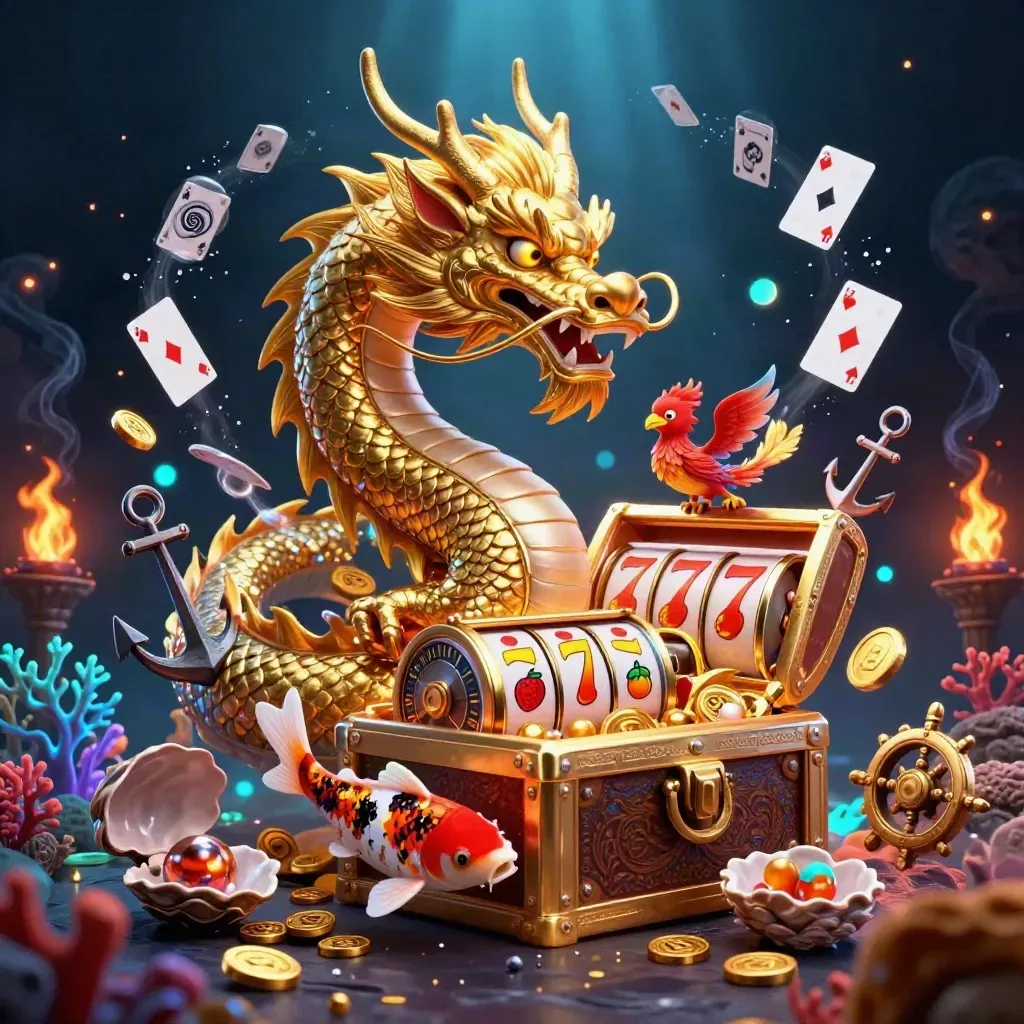 Golden dragon on treasure chest with phoenix, koi, coins, coral and slot reels in a dark neon cove.