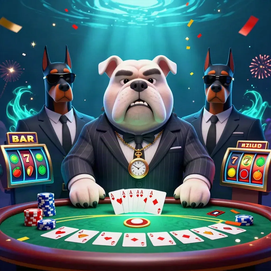 Bulldog mob boss with two Doberman guards over casino cards and glowing chips