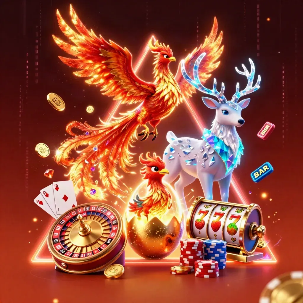 Crimson phoenix, hatching baby phoenix, and crystal stag amid casino loot and neon energy.