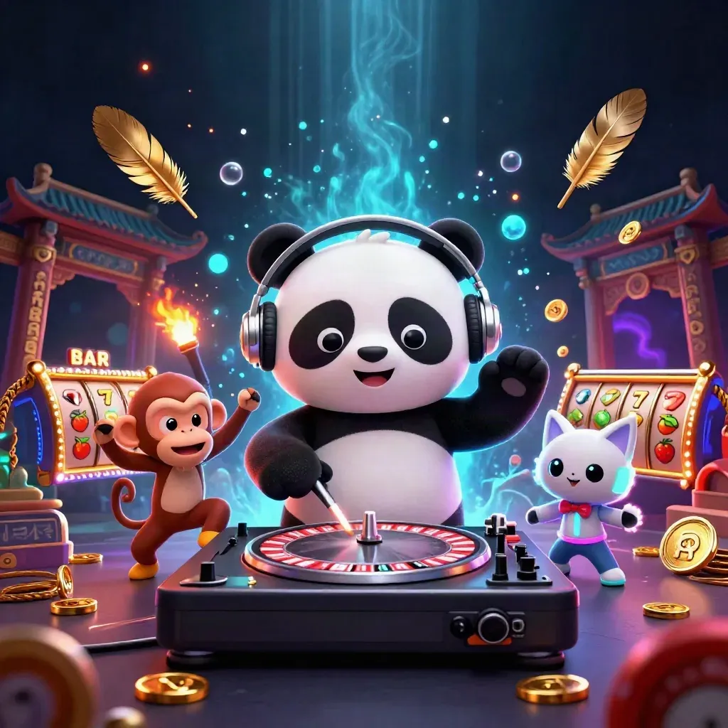 DJ panda, monkey, and glow kitten in a neon casino jungle scene