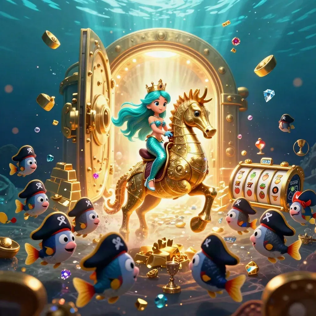 Mermaid princess rides armored seahorse through treasure, fish, reels, and glowing vault.