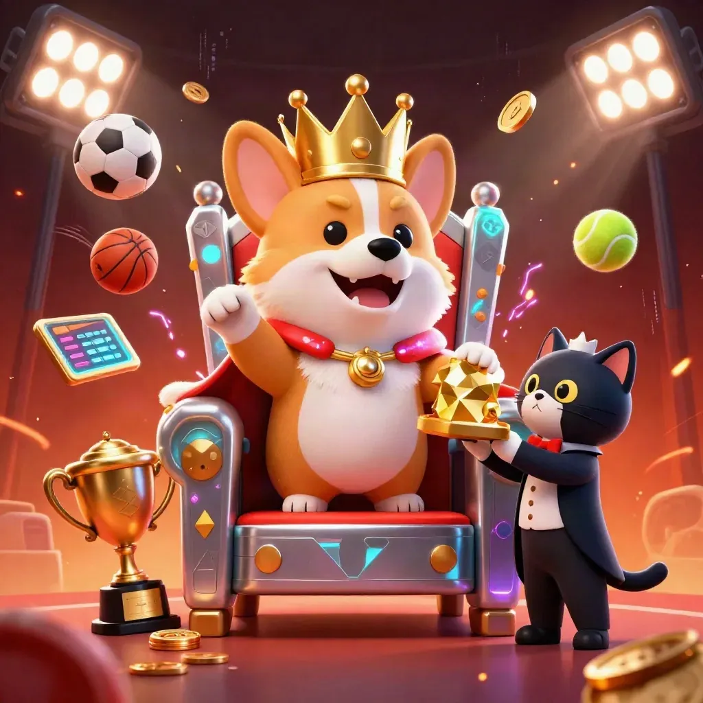 Crowned corgi king and cat butler amid poker chips, coins, sports balls and neon casino effects.