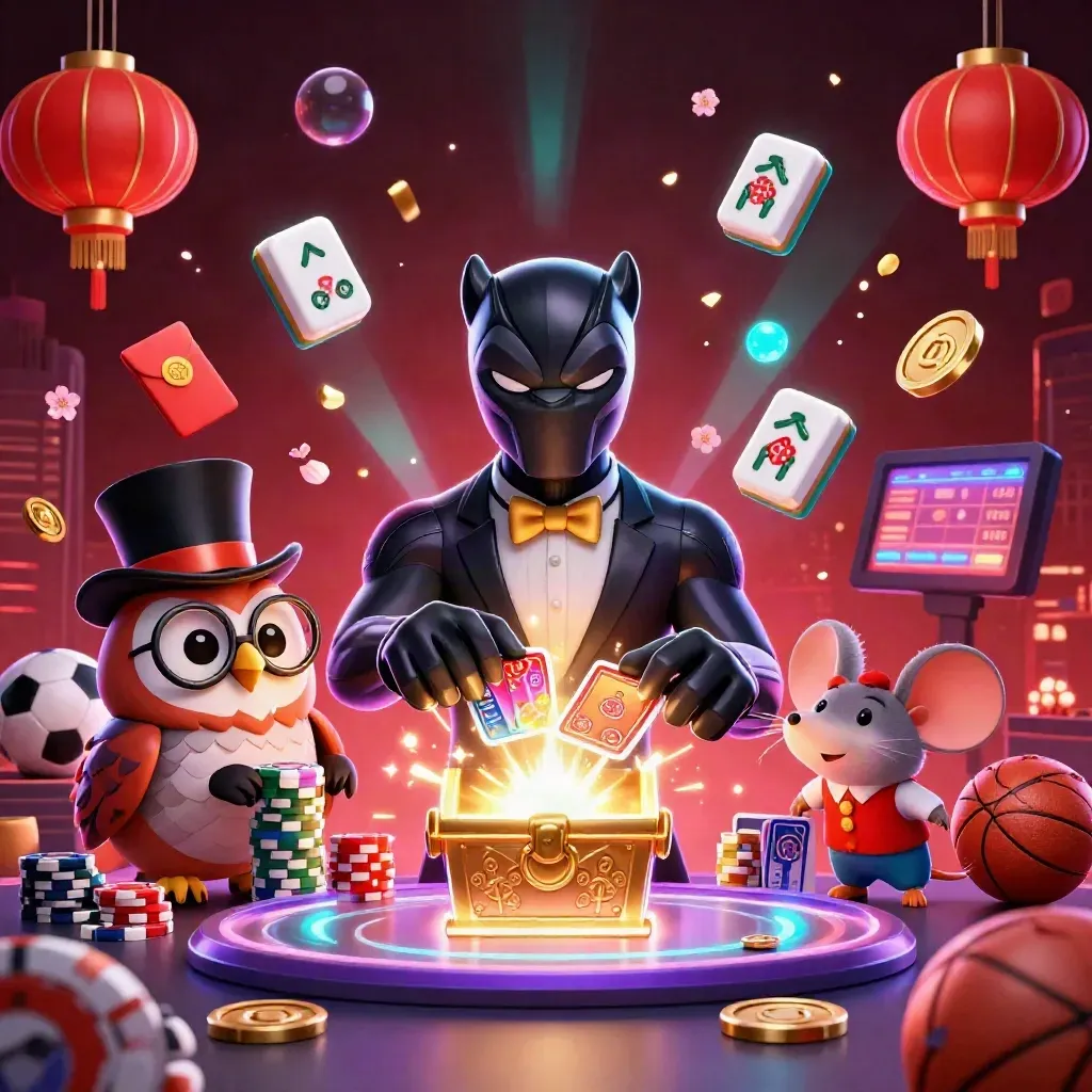 Panther, owl, and mouse with glowing chips and gold reward chest in neon casino key art