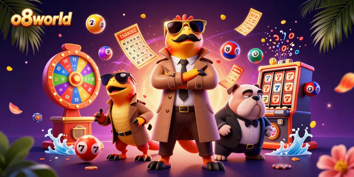 Experience the vibrant world of o8world with colorful lottery balls and animated characters in a casino setting.