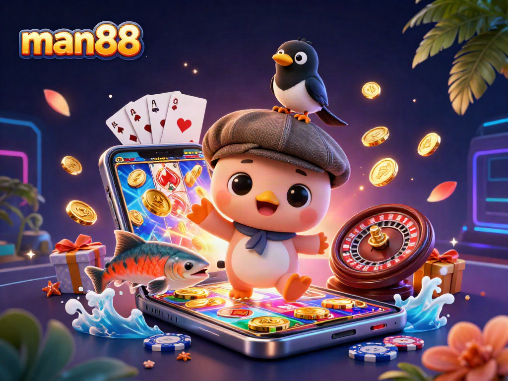 Experience thrilling gaming with man88, featuring a cute 3D Nessie and vibrant slot elements in action.