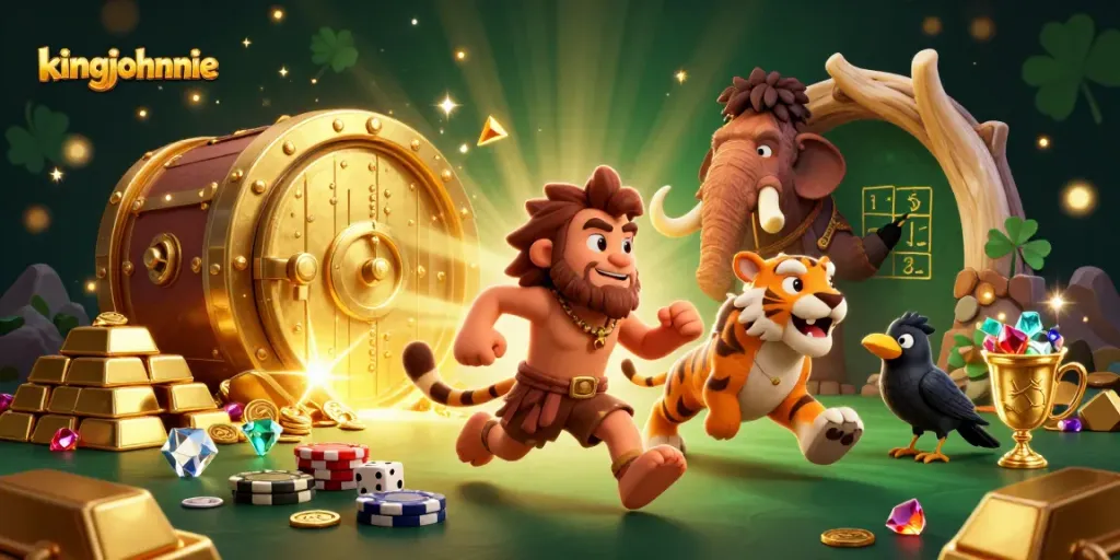 Experience the thrilling atmosphere of kingjohnnie with cavemen and treasure in this vibrant casino scene.