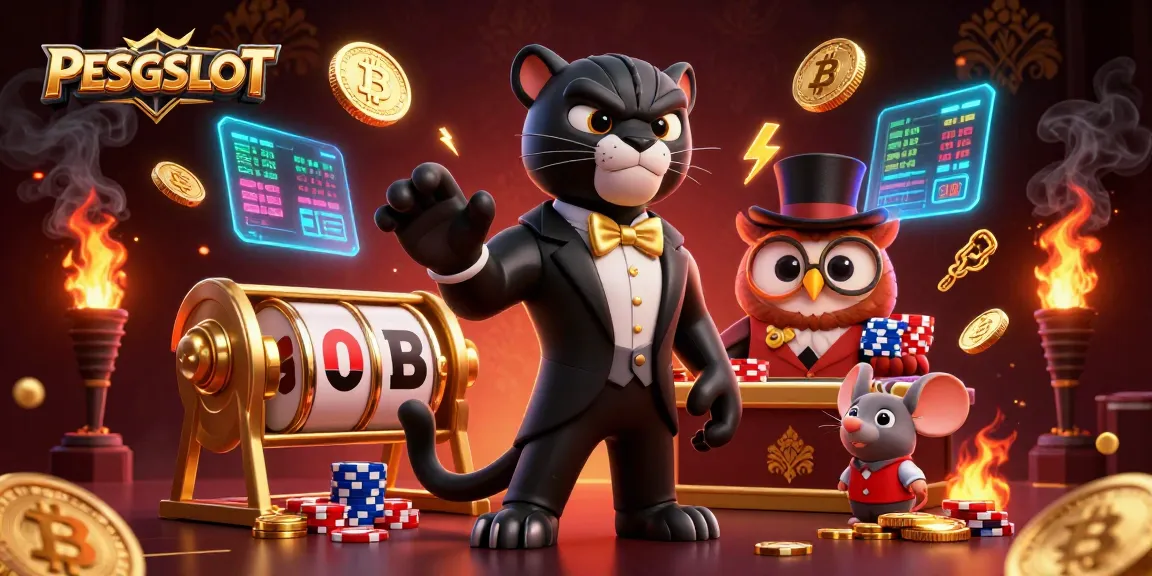 Engage with PESGSLOT in an impressive casino scene featuring playful characters and slot reels.