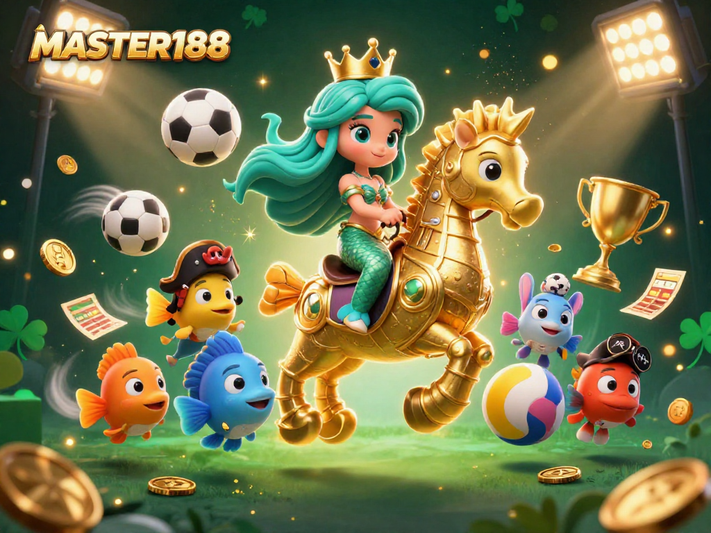 Engage with MASTER188: Illustrated sports betting adventure featuring a mermaid and seahorse.