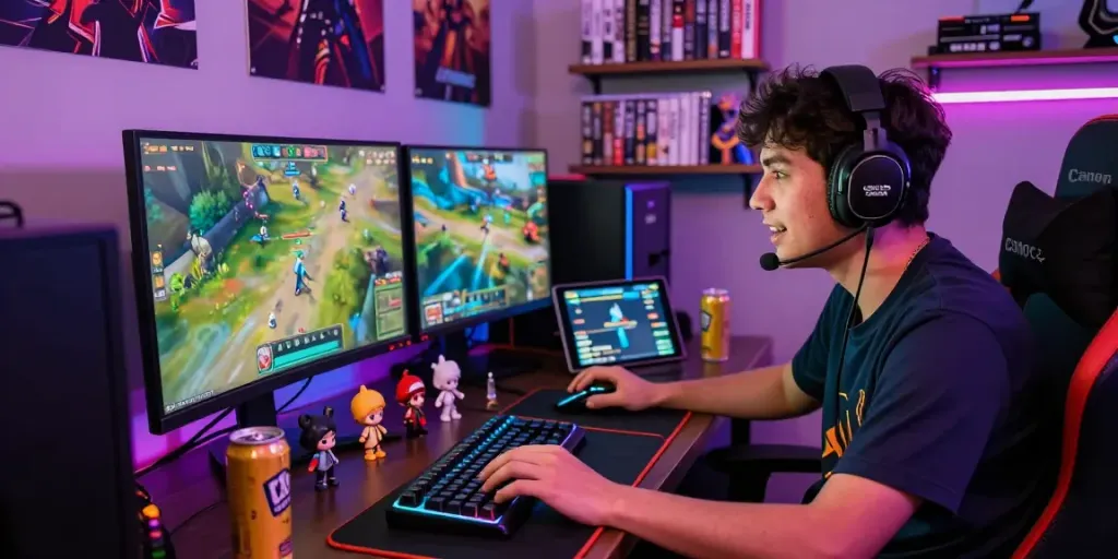 Player immersed in nyonya4d gaming session with colorful LED lights and gaming setup.