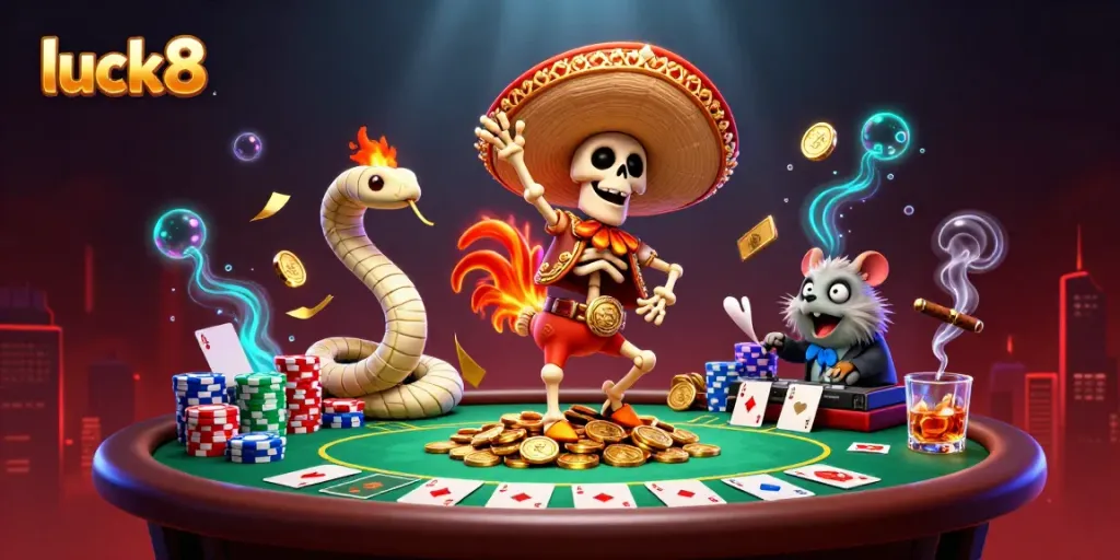 Experience the vibrant luck8 casino atmosphere with dancing characters and poker elements.