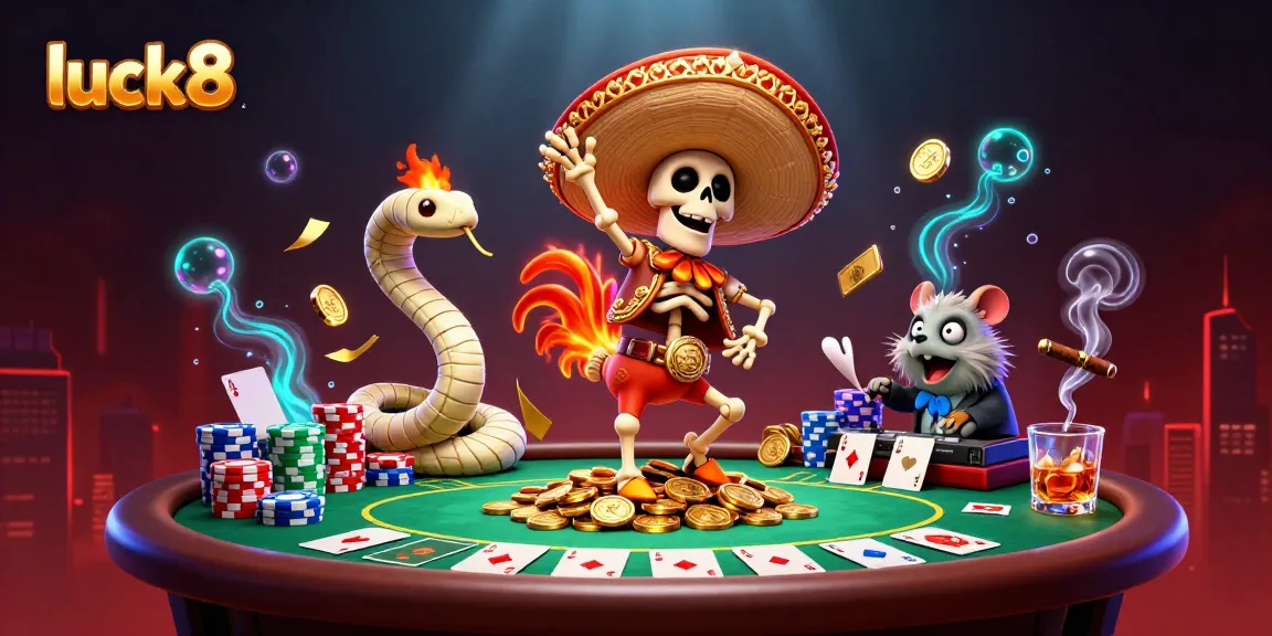 Experience the vibrant luck8 casino atmosphere with dancing characters and poker elements.