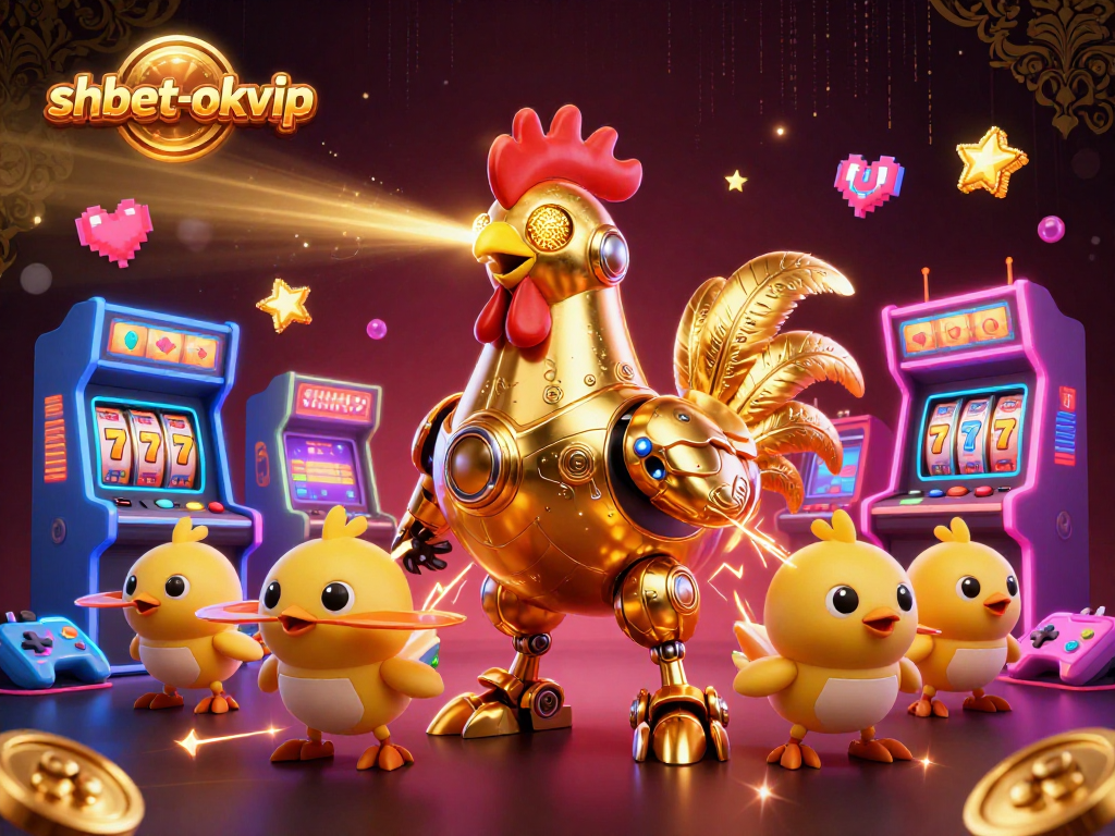 Winning big at shbet-okvip with a golden rooster robot surrounded by vibrant casino elements