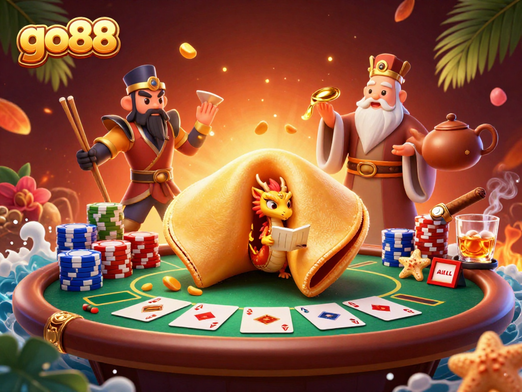 Experience the vibrant energy of go88 with a dynamic casino scene featuring a golden fortune cookie and poker elements.