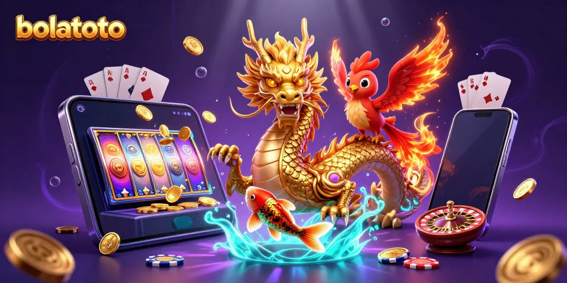 Experience thrilling wins with bolatoto's captivating slot games featuring a dragon, phoenix, and koi fish.