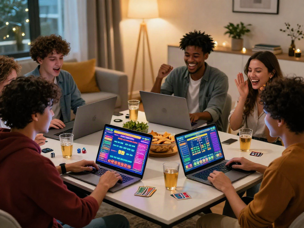 Friends enjoying a lively togel online gaming session in a cozy living room, showcasing excitement and camaraderie.