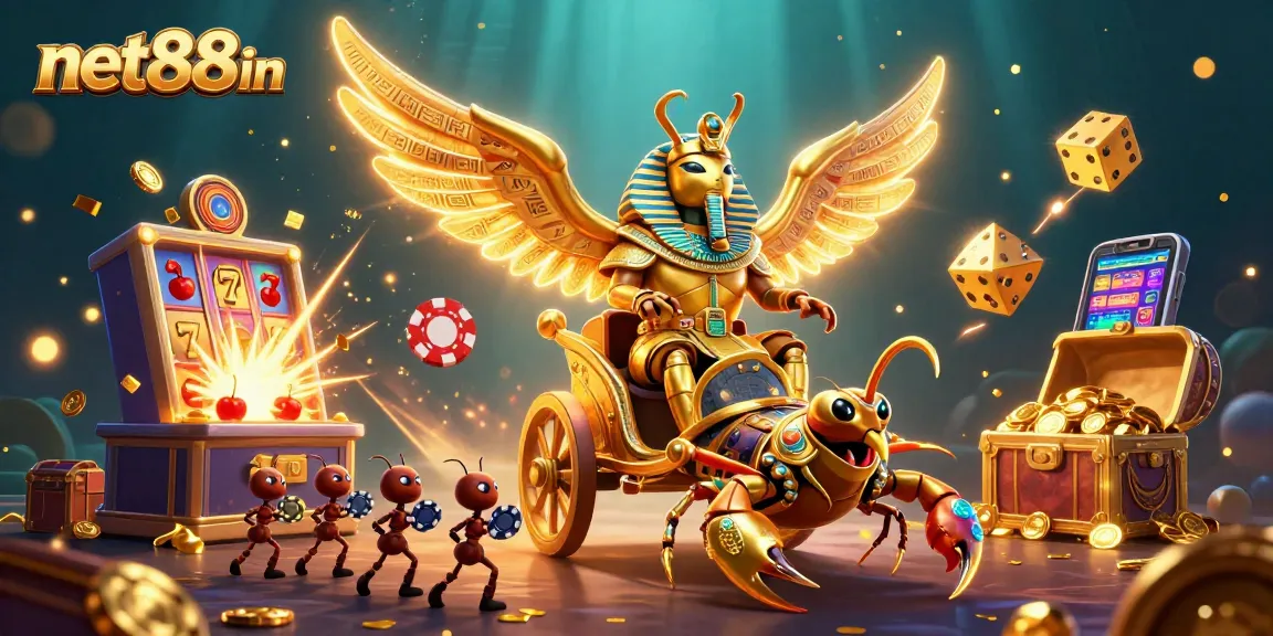 Join the thrilling adventure of net88in with a golden scarab beetle and dynamic casino elements.