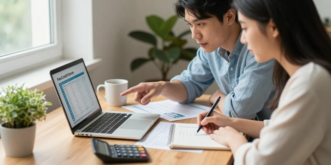 Couple reviewing free credit scores at home, discussing financial health with enthusiasm.