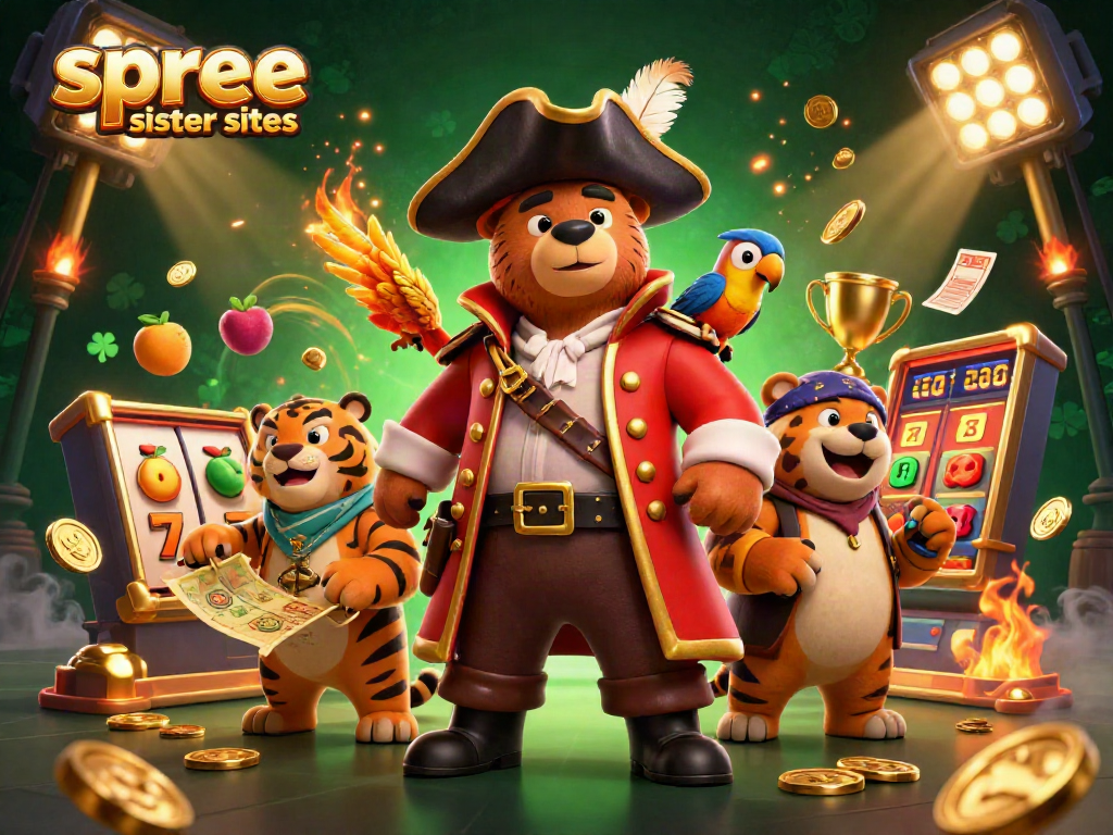Engage with spree casino sister sites through this dynamic illustration of a pirate captain bear and friends.