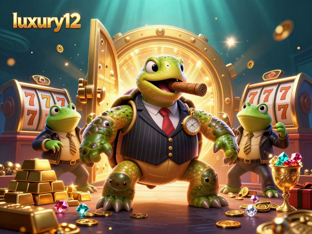Experience luxury12 thrills with a giant slot machine and dynamic casino elements in a rich, energetic scene.