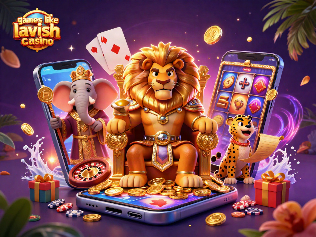 Play thrilling games like lavish luck casino with king and friends in a vibrant 3D illustration.
