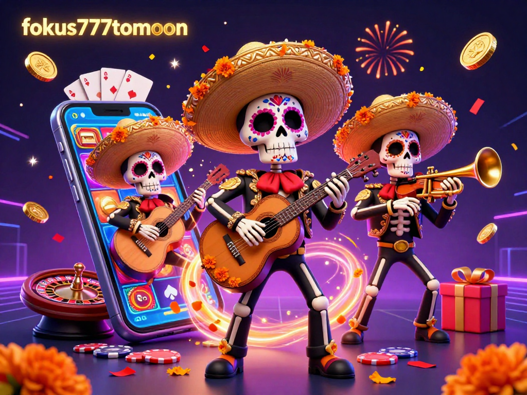 Engage in stunning gameplay action with fokus777tomoon featuring a colorful mariachi band amidst festive casino elements.