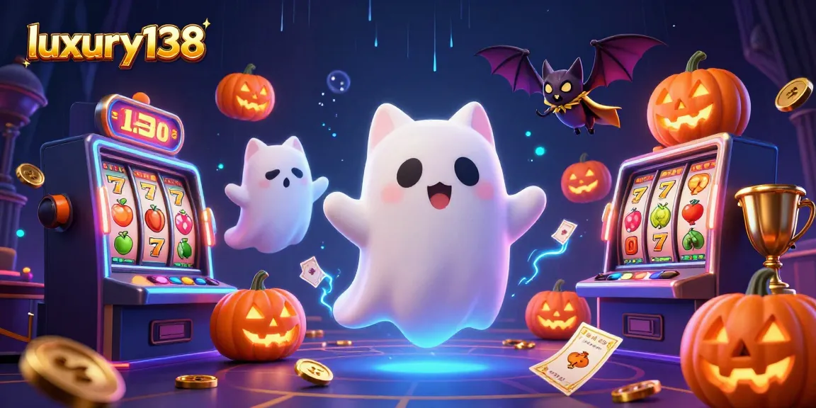 Luxury138 engages players in thrilling gameplay with ghost cat and bat elements in a vibrant casino setting.