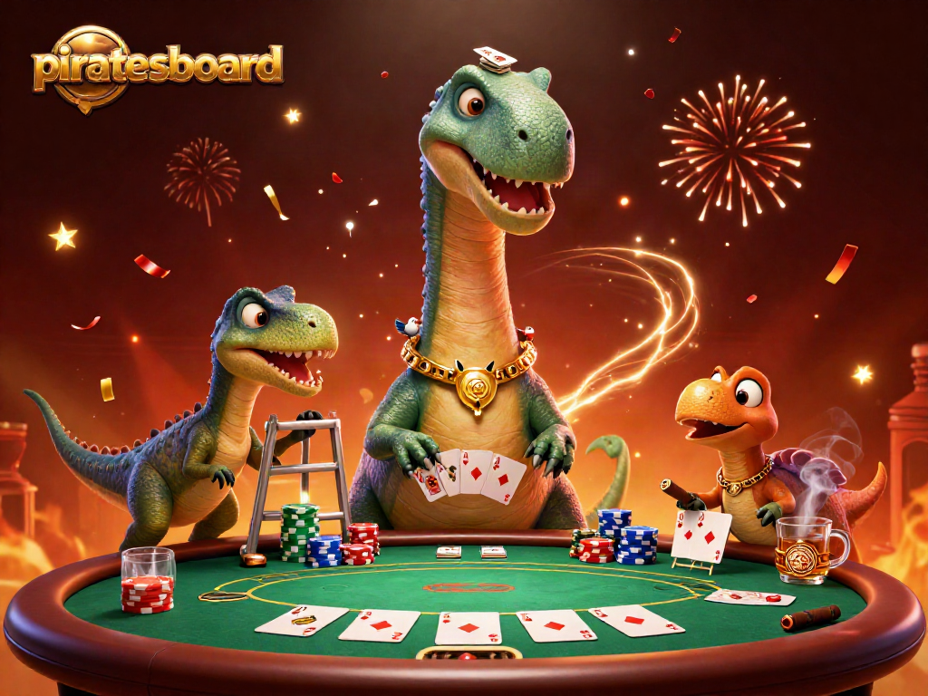 Experience thrilling poker action at piratesboard with a giant brontosaurus overseeing gameplay.