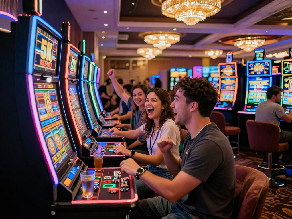 Group celebrating while playing slot depo 5k in a vibrant casino.