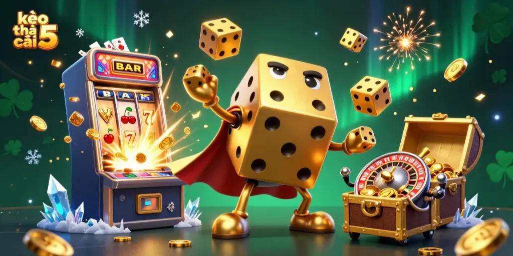 Experience the thrill of kèo nhà cái 5 with a dynamic casino scene featuring golden dice and jackpot symbols.