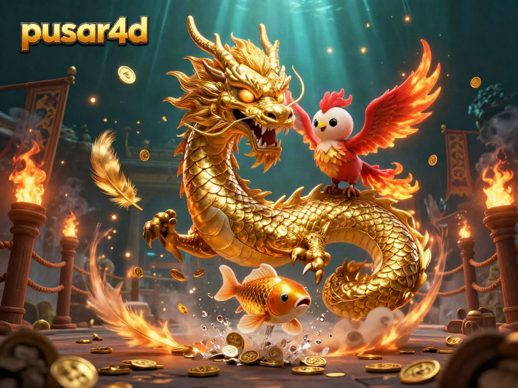 Peluang besar menang dengan pusar4d dalam ilustrasi kasino yang energik menampilkan naga emas dan ikan koi.