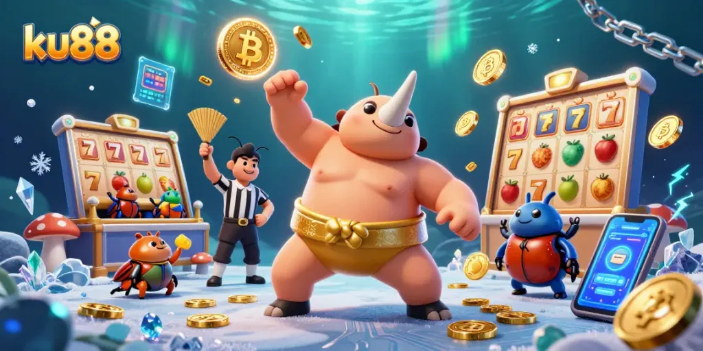 Experience exciting slot gameplay with ku88 as a rhinoceros beetle champion and vivid casino elements.