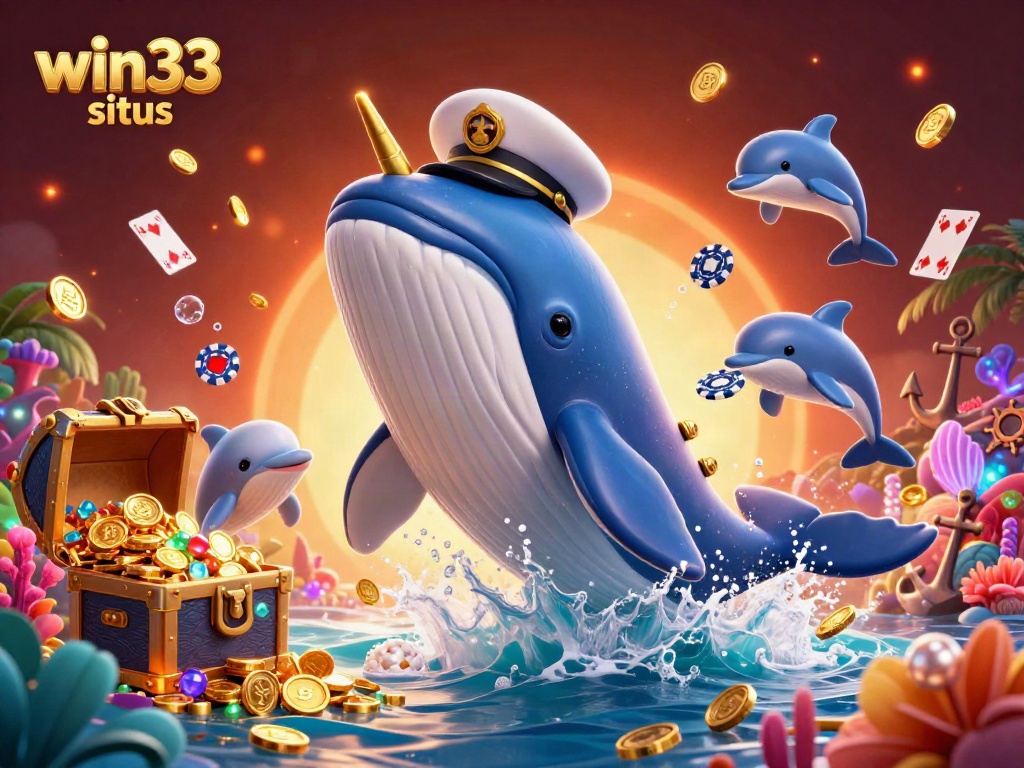 Experience the excitement of win33 situs with a lively 3D underwater casino scene featuring a whale captain and playful dolphins.